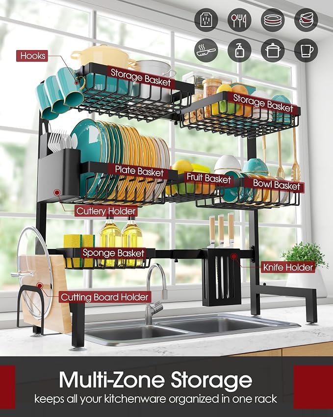 Sakugi Over The Sink Dish Drying Rack - Adjustable 3 Tier XX-Large Capacity Stainless Steel Drainer with Cutlery & Utensil Holders, Kitchen Storage & Organization, 31.5"-39.5"L x 12"W x 30.5"H, Black - Image 2