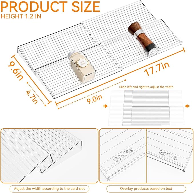 4 Pack Adjustable Narrow In Drawer Spice Organizer - Expandable From 9'' to 17.7'' - Acrylic Drawer Seasoning Organizer,Clear Spice Drawer Insert Tray for Drawers Condiment,Jar Organization - Image 2