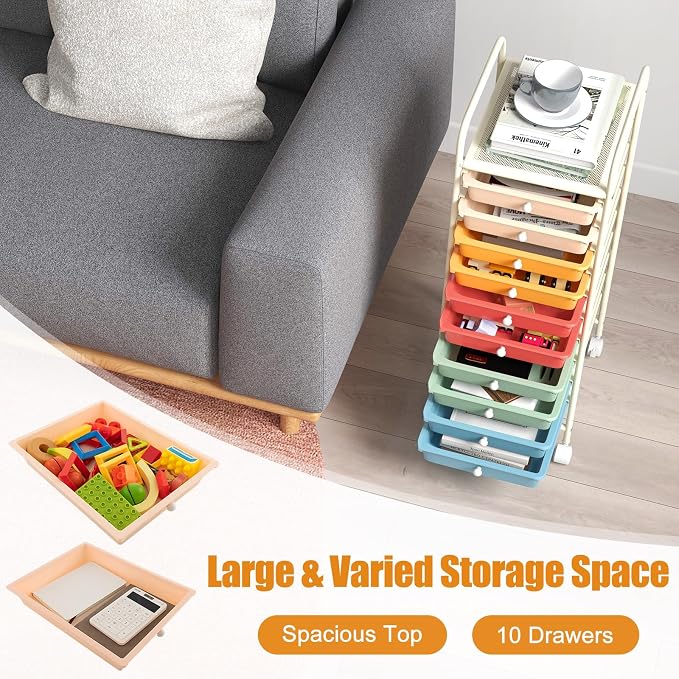 HOMGX Storage Cart with 10 Drawers, 10 Tiers Rolling Drawer Cart with 2 Lockable Wheels, Slim Rolling Storage Cart for Office/School/Home, Macaron - Image 5