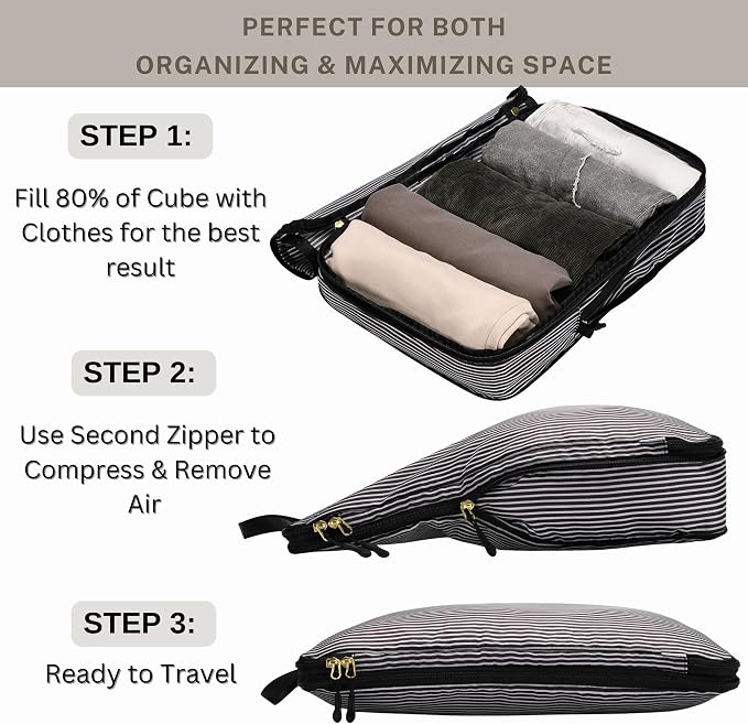 Extra Large Compression Packing Cubes for Checked Luggage, Lightweight Suitcase Organizers & Space Saver Bags - Travel Cubes for Packing - Travel Essentials - 2pc Set, X-Large - Black Stripe - Image 6