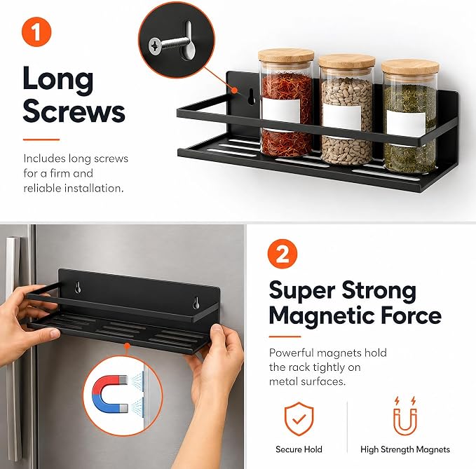 SMRCAD 4 Pack Metal Magnetic Spice Rack for Fridge – Heavy-Duty | Iron Construction, Rust-Resistant, Dust-Resistant, Fits Condiment Bottles, Includes Screws for Optional Wall Mount - Image 2