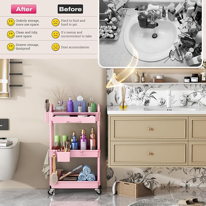 Goovilla Rolling Makeup Organizer Cart with Removable Drawer, 3 Tier Pink | Stable Floor Skincare Storage Cart for Vanity, Cosmetic Display, Nail Polish, Perfume, Hair Stuff, Beauty, Bathroom(Plastic) - Image 7