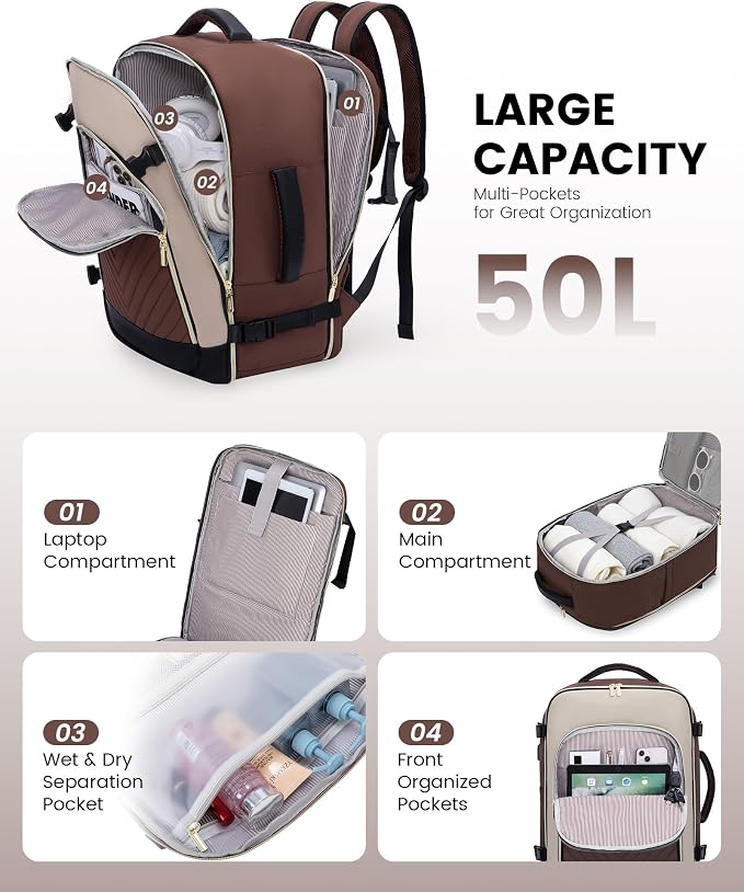 LOVEVOOK Large Travel Backpack for Women, TSA Carry on Backpack for Airplanes, 50L Personal Item Travel Bag for Women fits 17" Laptop,Waterproof Carry on Bag Airplane Approved with 3 Packing Cubes - Image 3