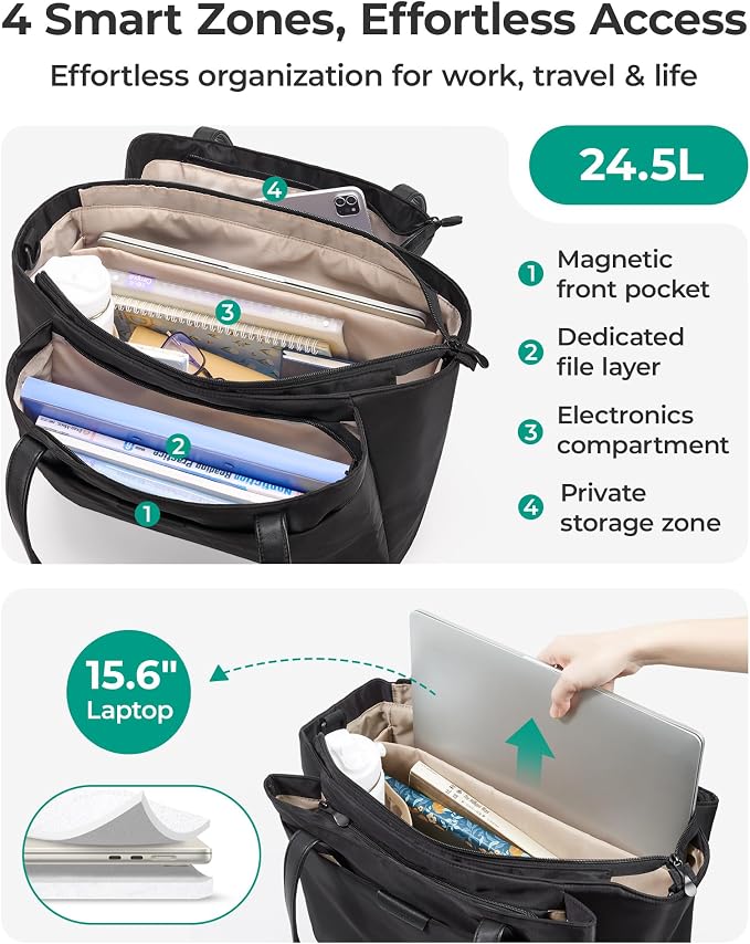 BAGSMART Tote Bag for Women with Compartments, Work Tote Bag with Zipper Women Purse Crossbody Shoulder Handbag with Strap - Image 3