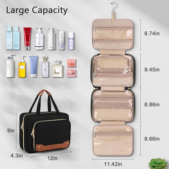 Toiletry Bag for Women, Hanging Travel Toiletry Bag with Jewelry Organizer Compartment Large Makeup Bag, PVC Waterproof Cosmetic Travel Bag for Travel Business Trips Camping Bathroom, Black - Image 4