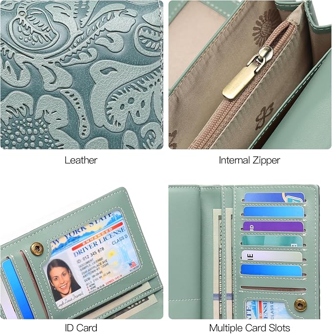 GOIACII Leather Wallets for Women RFID Blocking Western Clutch Blue | Embossed Design, Trifold, Large Billfolds, Vintage Flower, Ladies Purses with Zipper Coin Pocket - Image 6