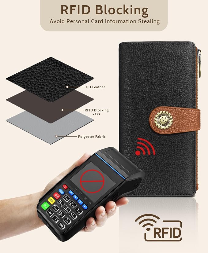 GIANCOMICS Black Caramel Womens Wallet RFID, Long Credit Card Holder Bifold | Billfold, Cute Cash Purse, Travel Zipper Coin Pocket, Compact Clutch, PU Leather, ID Window, 11 Card Slots, Ladies Gift Woman - Image 4