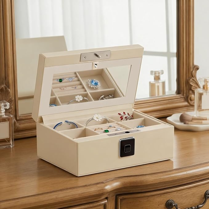 Jewelry Safe, Biometric Fingerprint Safe, Leather Wrapped Jewelry Box with Lock & Mirror, Ultra-Lightweight Jewelry Box Suitable for Home Use & On-the-Go(Three-Tier White) - Image 2