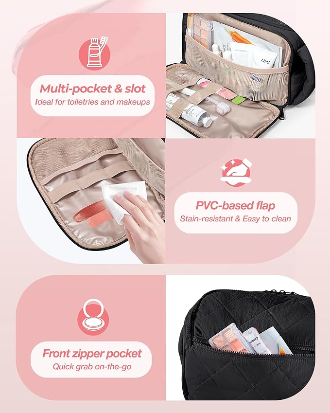 Marscamd Travel Toiletry Bag for Women, Wide-Open Makeup Organizer, Black | 150° wide opening, water-resistant fabric, stain-resistant pocket flap & lightweight carry - Image 3