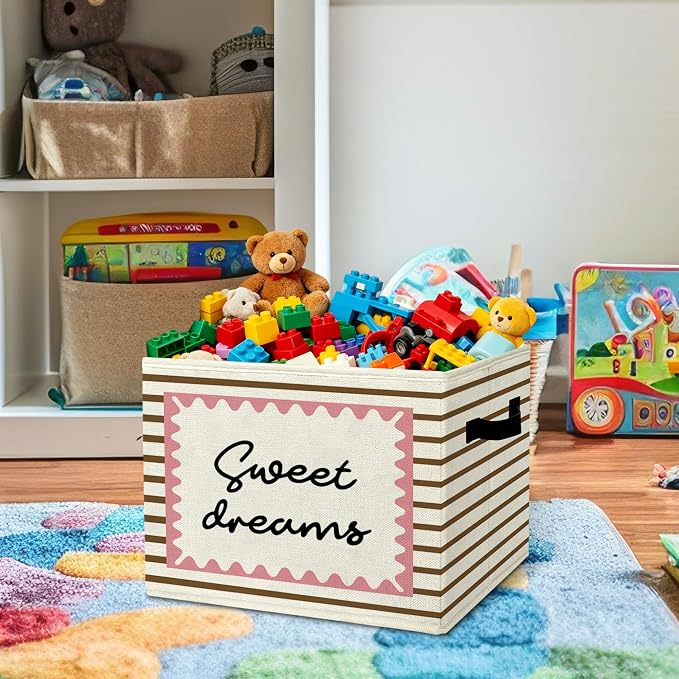 Sweet Night Affirmation Storage Bins Box with Handles Organizer Basket | calming goodnight foldable basket for organizing, striped collapsible toys clothes for playroom nursery bedroom, 10x14 in - Image 2
