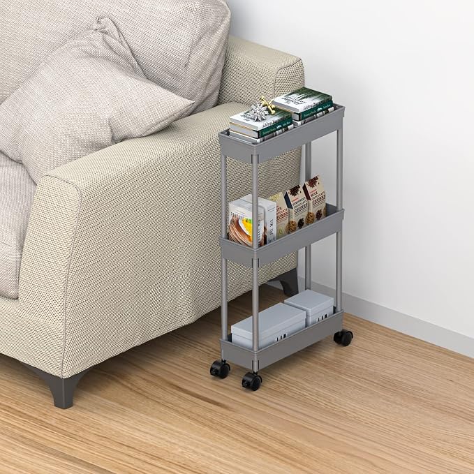 Sooyee Slim Storage Cart,3 Tier Bathroom Rolling Utility Cart Storage Organizer Slide Out Cart, Mobile Shelving Unit Organizer Trolley for Office Bathroom Kitchen Laundry Room Narrow Places, Grey - Image 5