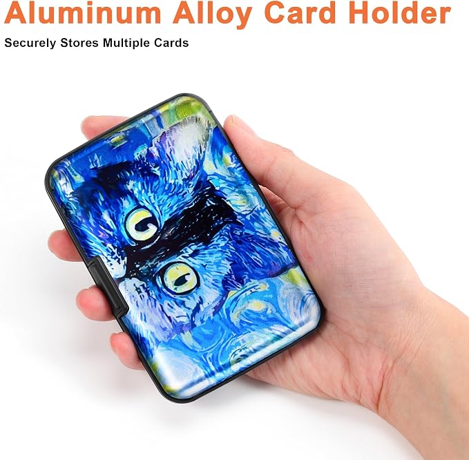 Mayski Credit Card Holder for Women RFID Blocking Wallet, Blue Cat | Card Wallets for Women Small Mini Business Metal Accordion Aluminum Alloy Hard Case for Men - Image 3