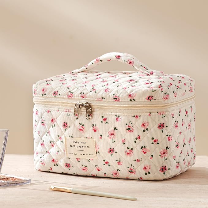 HBselect Quilted Makeup Bag, 3Pcs Cotton Large Travel Makeup Bags Organizer | Cute Floral Make up Bag Cosmetic Bag Toiletry Bag for Women Girls, Makeup Pouch for Skincare, Brushes & Travel Essentials - Image 5