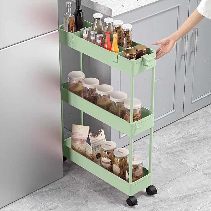 2-piece Set Slim Storage Cart 3 Tier,Bathroom Organizer Rolling Utility,Mobile Shelving Unit Slide Out for Office, Kitchen, Laundry Room & Narrow Places - Image 4