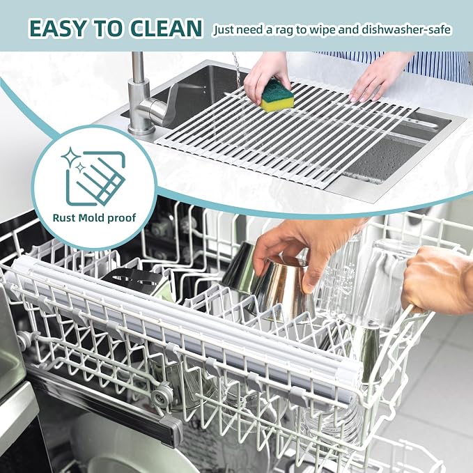 Ohuhu Over Sink Dish Drying Rack, 17.6" W x 15.4" L Roll Up Dish Racks Kitchen Sink Organizer Silicone Wrapped Large in Sink Dish Drying Rack Foldable Rolling Drain Mats Anti-Slip - Image 8