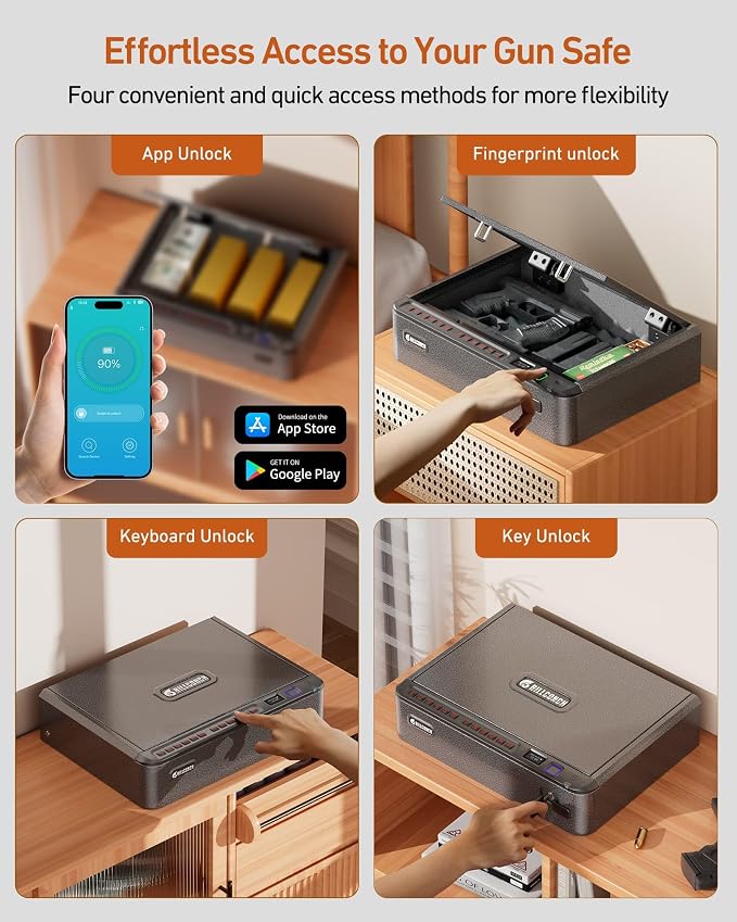 BILLCONCH Smart Gun Safe with Fingerprint, App, Keypad,LCD& Security Cable | Steel Handgun Safe with 4 Quick-Access Methods, Voice Guidance, Built-in LED Light, Ideal for Nightstand, Bedside and Home - Image 5