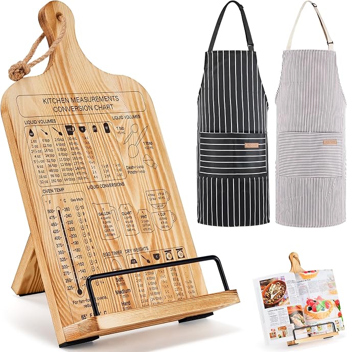 Housejoy Wooden Cookbook Stand for Kitchen: Adjustable Holder with 2 Aprons | Support Suspension&Foldable Easel Holder-Height Adjustable Stand-Measurement Conversion Chart-Ideal for Kitchen Counter by HouseJoy