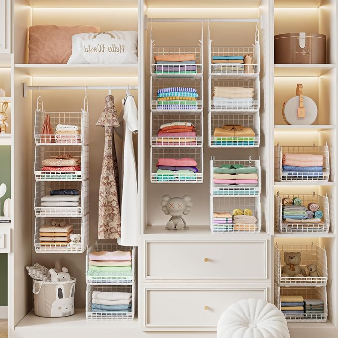 4" Extra Deeper Foldable Hanging Closet Organizer, Small Wire Cabinet Shelves and Storage with 5 S Hooks,4 Tier Metal Basket Bins for Clothes Sweaters Handbags, Wardrobe for Kitchen Laundry Room，White - Image 8