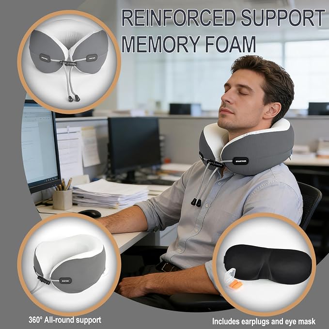Travel Neck Pillow, Memory Foam Airplane Pillow for Long Flights | Pure memory foam, adjustable fit, washable velvet cover, eye mask, earplugs and carry case for flights, cars and office naps - Image 2