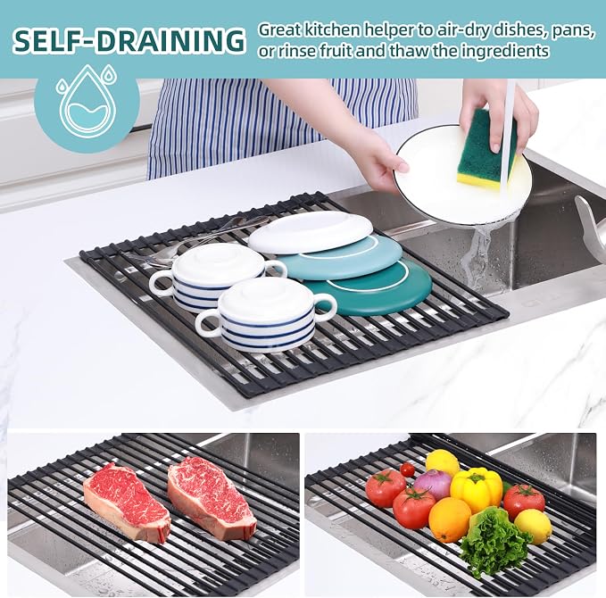 Ohuhu Roll Up Dish Racks, 16.5" L x 13" W Over The Sink Dish Drainer Drying Rack Kitchen Sink Organizer Silicone Wrapped Large in Sink Dish Drying Rack Foldable Rolling Drain Mats Anti-Slip - Image 3