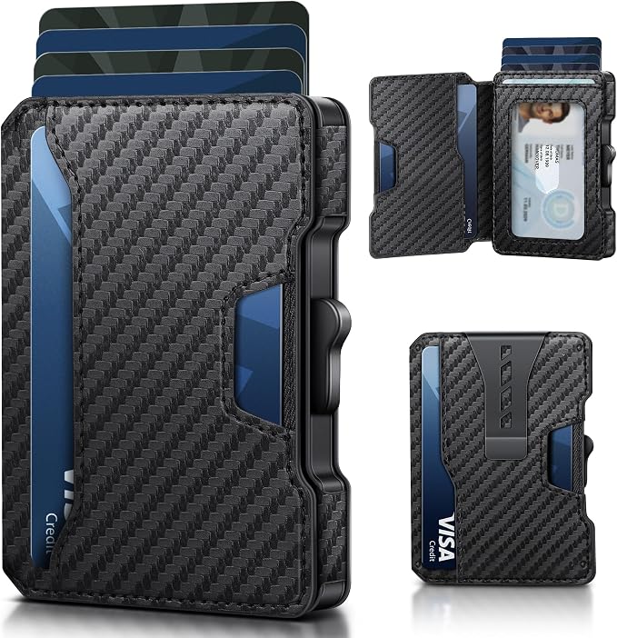 Wallet for Men, RFID Blocking Slim Mens Wallet with Money Clip | Minimalist Pop Up Card Case, ID Window, 9-11 Cards, Bifold Leather Front Pocket Wallet with Gift Box (Black-Carbon Fiber) by Airzoo
