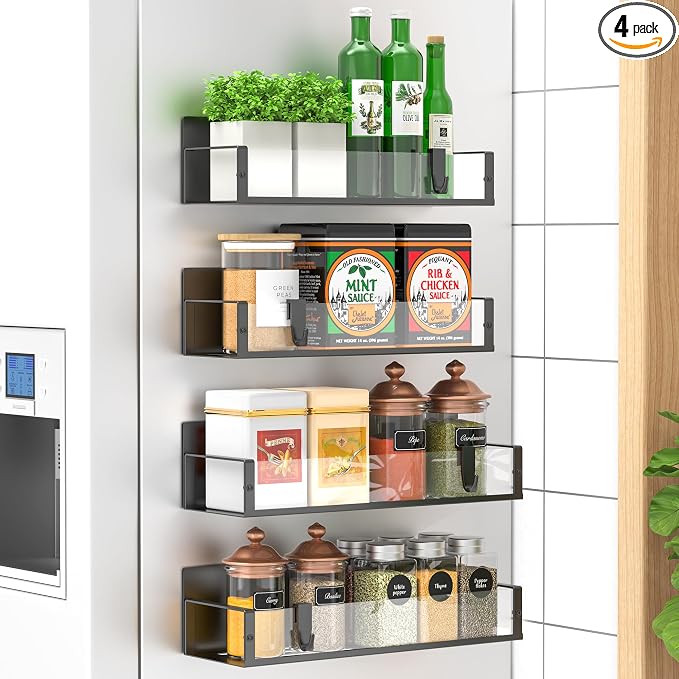 HuggieGems Metal Magnetic Spice Rack for Refrigerator Clear, 4 Pack | Magnetic Shelves Heavy Duty for Fridge in Kitchen, Seasoning Storage Organizer, For Oven Washer and Dryer, For Heavier Items by HuggieGems