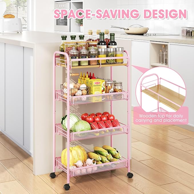TOOLF 4-Tier Slim Rolling Cart, Metal Storage Cart with Wooden Tabletop and Mesh Baskets for Narrow Space on Kitchen Bathroom Laundry Room Bedroom Apartments Dormitory - Image 4