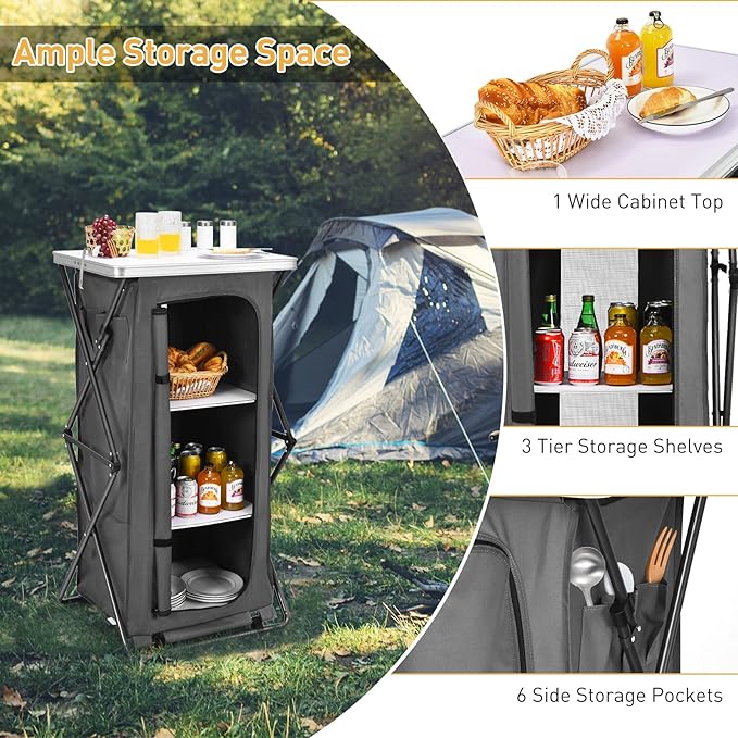 Goplus Folding Camping Storage Cabinet, Pop Up Outdoor Camping Kitchen Station with Large 3-Tier Storage Organizer, Carry Bag, Easy Set Up Portable Compact Camping Table for BBQ Picnic Backyard (47'') - Image 3