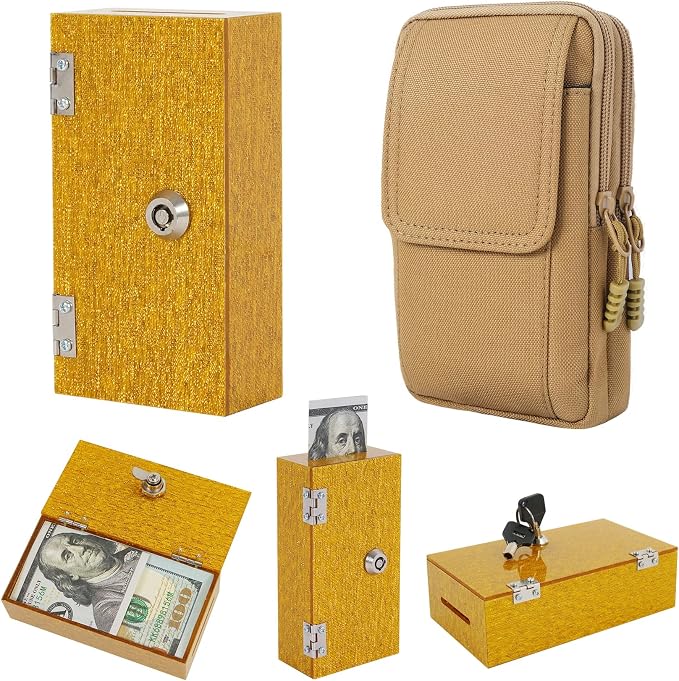 Acrylic Cash Box for Gamblers Extra Large, Gold Shimmering Winners Bank with Lock, 2 Keys, Slot, Storage Waist Bag, Portable Casino Cash Money Lock Box Safe, Money Holder, 1 Pack by ClarityCraze