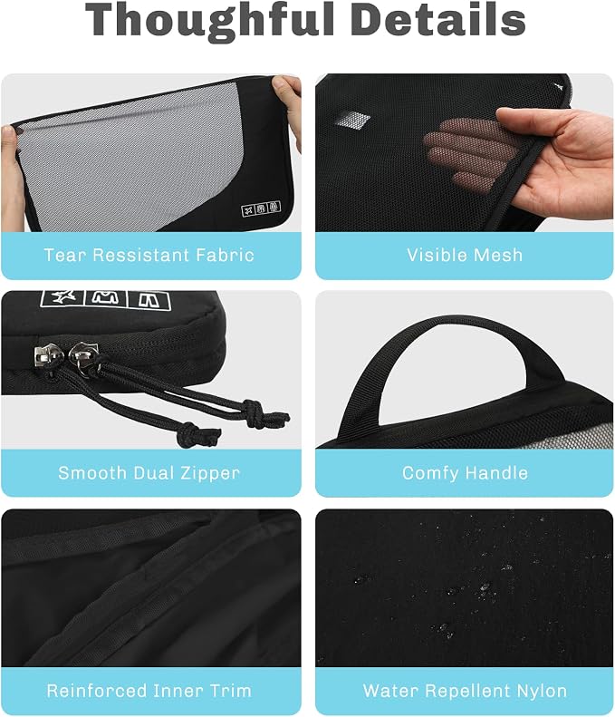 6 Set/ 4 Set/ 2 Set Compression Packing Cubes Travel Essentials Lightweight Nylon Luggage Suitcase Organizer Bag Black 2PCS - Image 7