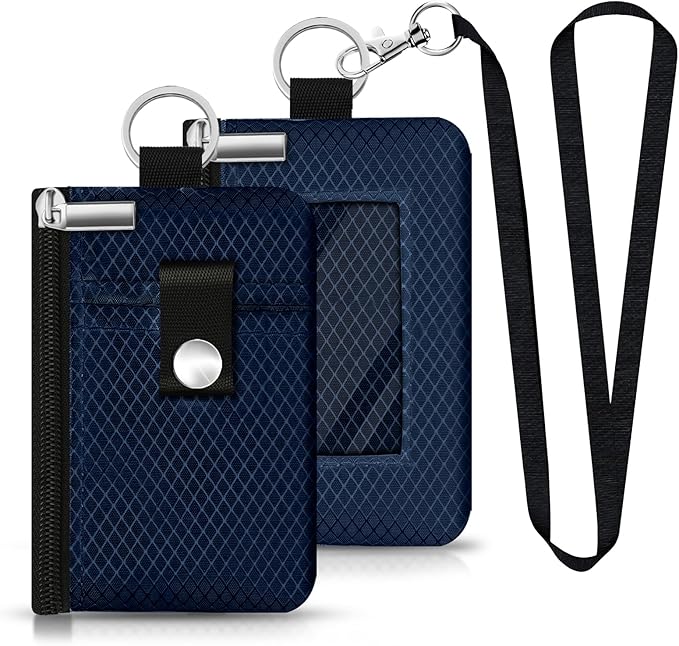 Minimalist RFID Blocking Small Wallet with ID Window,WaterResistant Zip Id Case Wallet with Lanyard Keychain for Cards,Cash,Travel,Women,Men (Dark blue) by CCUMI