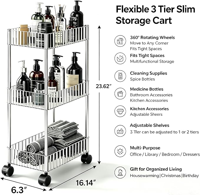 Sooyee Slim Clear 3-Tier Plastic Rolling Utility Cart with Wheels | Multi-Functional Storage Trolley, For Office, Living Room, Kitchen, Movable Storage Organizer - Image 5