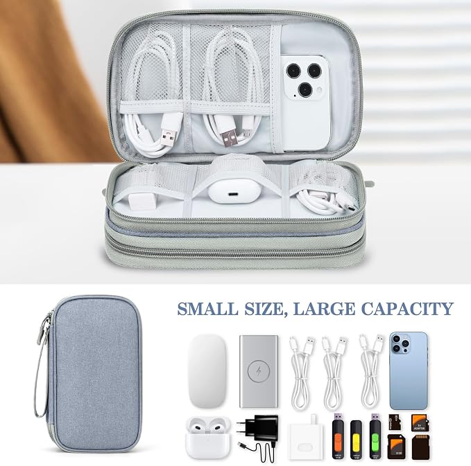 FYY Electronic Organizer, Travel Tech Pouch Bag, Medium, Light Grey | Wrist Strap, Waterproof, Double Layers Portable Electronics Travel Carrying Case for Cord, Charger, Daily Business Trips Use - Image 6
