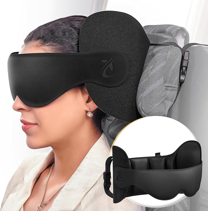 Travel Pillow, Airplane Neck Pillow & 3D Eye Mask for Long Flight | Oversized Plane Head Strap for Sleep, 360°Support Headrest, Stop Bobblehead, Ultimate Travel Essentials for Men Women Black by Bonairest