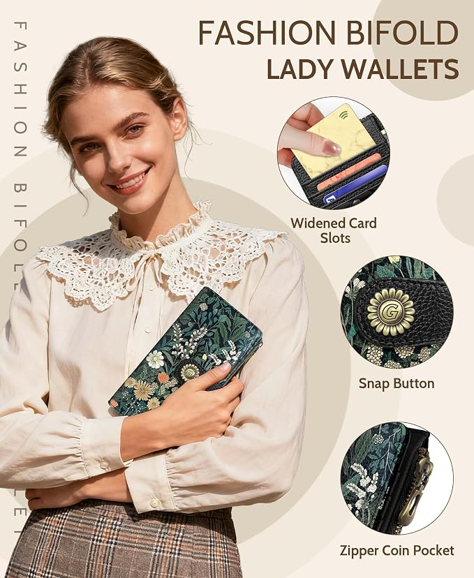 GIANCOMICS Wildflower Flower Womens Wallet RFID, Credit Card Holder Bifold | Billfold, Cute Cash Purse, Travel Zipper Coin Pocket, Compact Clutch, PU Leather, ID Window, 11 Card Slots, Ladies Gift Woman - Image 6