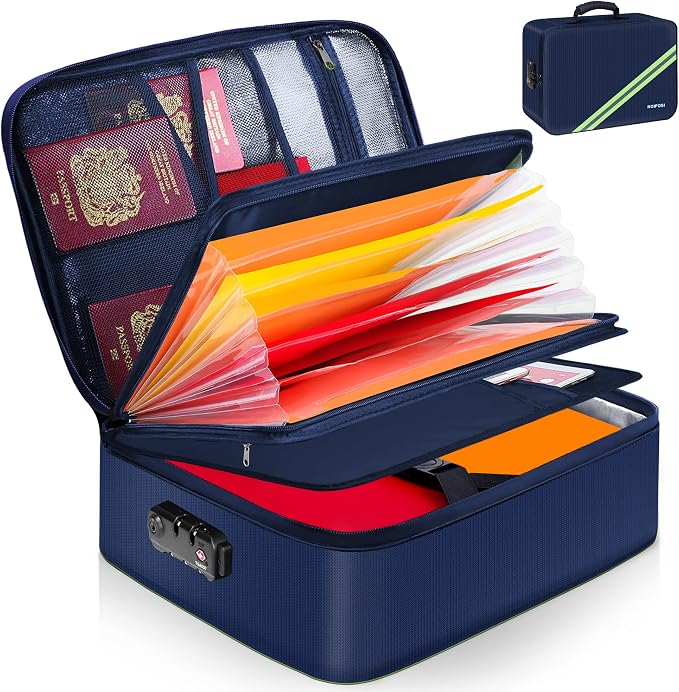 5200℉ Fireproof Document Box with Lock 16.1"x11.4"x4.3" | Portable ,Home ,Travel Water Resistant Document Storage Organizer with for Important Documents and File ,Blue by Noiposi