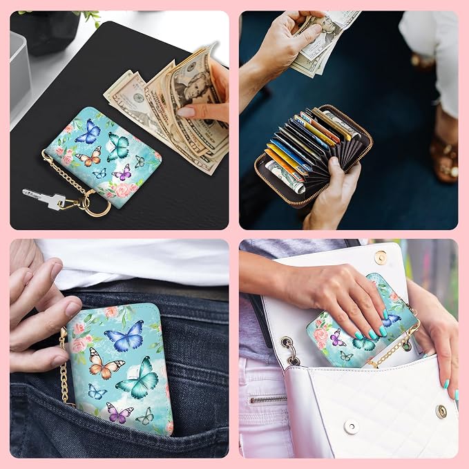 Blusabaca RFID Credit Card Holder Small Women Travel Wallet, Butterfly | Removable Keychain, Case with Zipper, Vegan PU Leather, Cash Coin Pocket, Business Accordion Purse, Ladies Female Gift - Image 3
