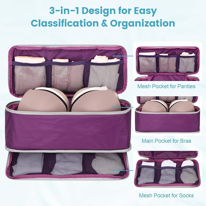 Cambond Mesh Compression Packing Cubes for Travel - 4 Set Organizer, Purple | with 3-in-1 Underwear Bag, Keep Clothes Sorted, See Through Mesh Helps Quickly Find What You Need, Compression Zip Design - Image 8