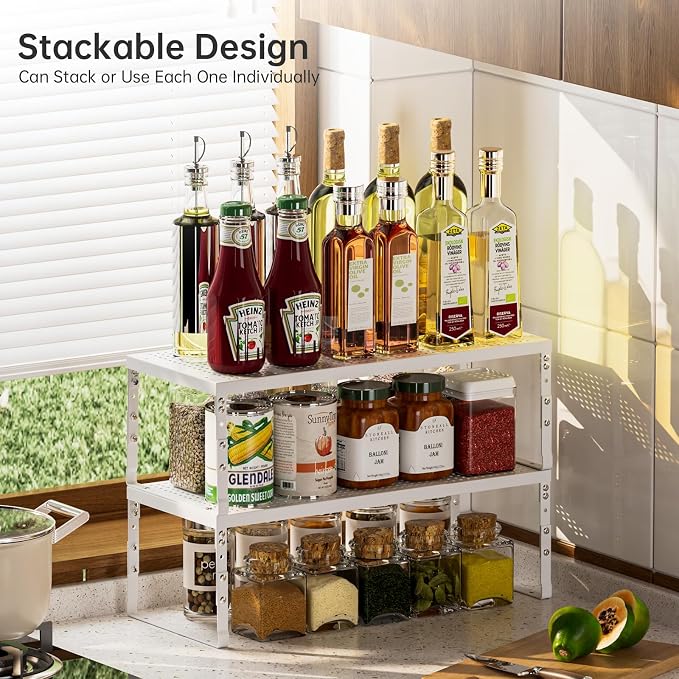 Cabinet Shelf,Expandable Adjustable Stackable Kitchen Organizer,for cabinets, Kitchens, countertops, bathrooms Shelf Organizer(3Packs/White,Medium) - Image 2