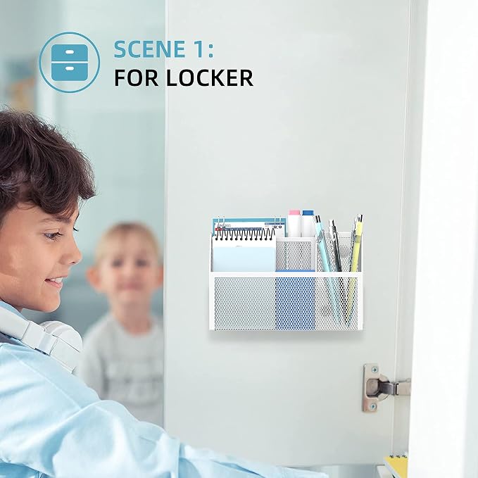 3-Grid Magnetic Pencil Holder, Strong Magnet Locker Organizer, White | Mesh Magnetic Shelf, Marker Holder Perfect for Whiteboard, Refrigerator and Locker Accessories - Image 4