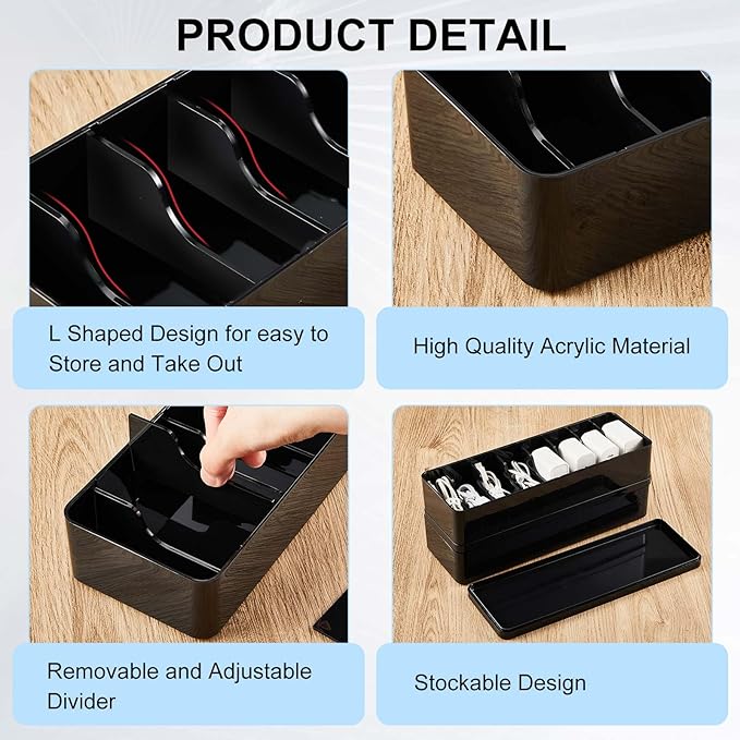Tatuo 1 Pcs Cord Organizer for Drawer Desktop, Cable Organizer Box with 8 Compartments and Wire Ties, Plastic Charger Storage with Lid, Electronics Case for Home Office Accessories (Small,Black) - Image 4