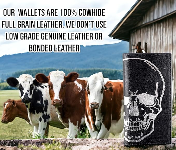 F&L CLASSIC Men's RFID Vintage Look Genuine Leather Long Bifold Wallet Checkbook Wallets,black skull,240-50 - Image 5