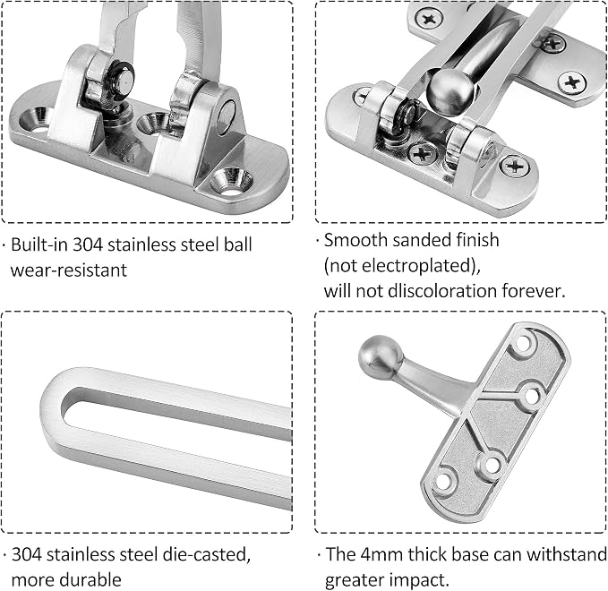 Door Lock Latch Swing Bar Door Guard Latch Home Hotel Lock Silver | SUS-304 Stainless Steel Door Chain Lock Gate Reinforcement Swing Latch for Hinged Swing-in Front & Inside Door Fence Security - Image 5