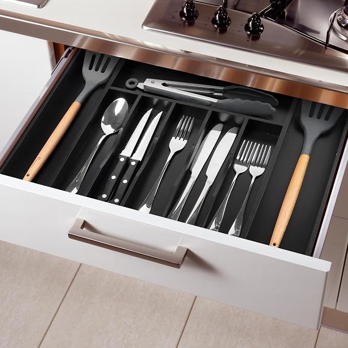 Large Premium Bamboo Silverware Organizer - Expandable Drawer Organizer & Utensil Organizer - 17"x19.7" Cutlery Tray with Dividers for Kitchen Utensils and Flatware (7-9 Slots) (Black) - Image 8