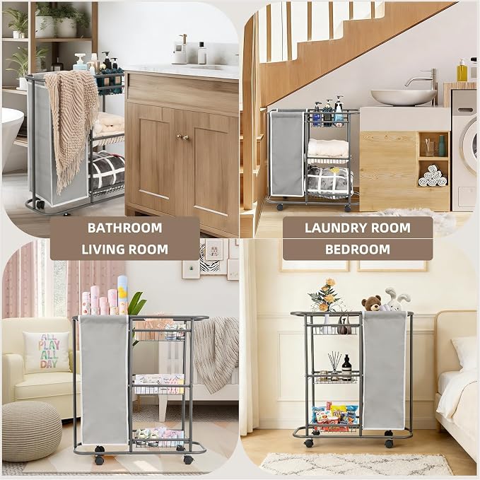Rolling Laundry Sorter with 3 Storage Baskets and 45 L Bag | 3-Tier Laundry Caddy, Between Washer and Dryer, With Wheels and Handle, For Narrow Space Bathroom Apartment Dorm - Image 9