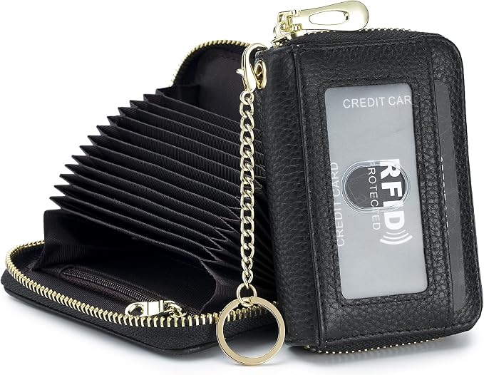 imeetu Rfid Credit Card Holder, Businese Card Case, Wallet for Women Men | Genuine Leather Card Wallet with id Window, Keychain & Double Zipper, Water-resistan Small Wallet with Gift Box, Daily Travel by imeetu