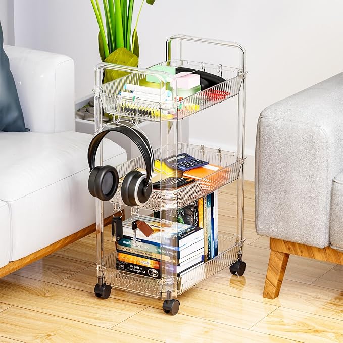Clear 3 Tier Rolling Utility Cart with Wheels,Modern Bedside Cart for Baby Essentials,Nursery,Diaper Caddy,Baby Supplies,Rolling Storage Carts for Living Room,Bathroom,Kitchen,Book Cart - Image 7
