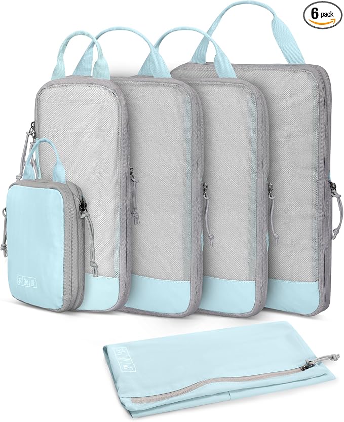 6 Set/ 4 Set/ 2 Set Compression Packing Cubes Travel Essentials Lightweight Nylon Luggage Suitcase Organizer Bag Light Blue 6PCS by HynesEagle