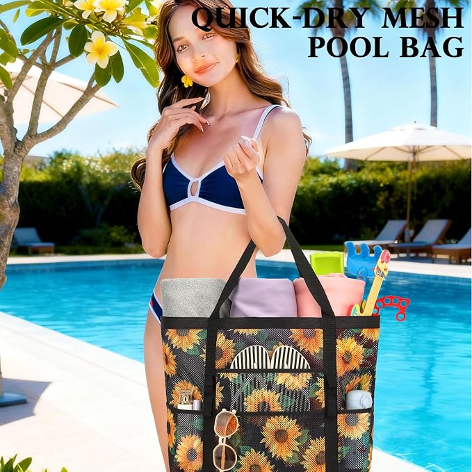 Fammart Mesh Beach Bag for Women, Large Beach Toy Pool Bag with Zipper Pocket, SandProof Cruise Essentials 2026 Family Travel - Image 2