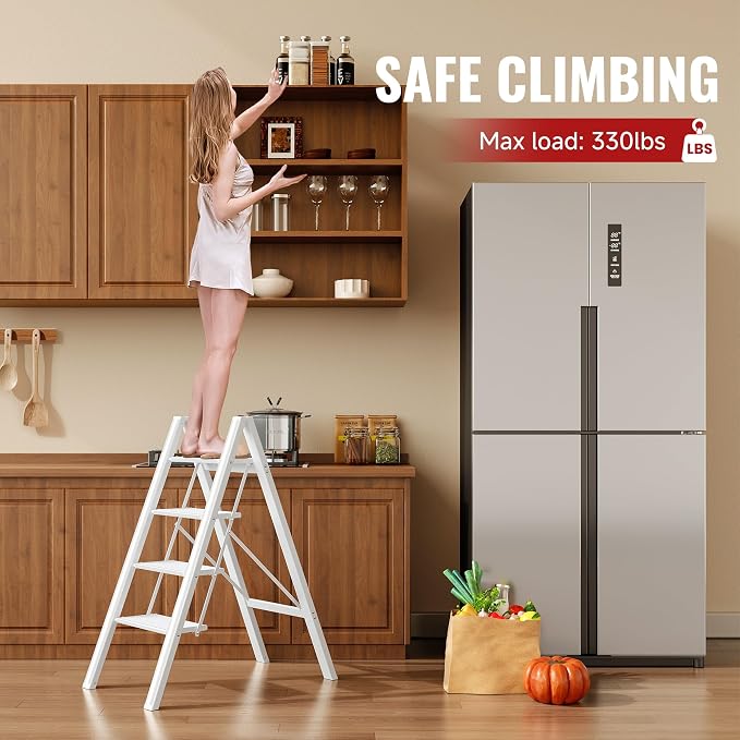 4 Step Ladder, Folding Step Stool with Anti-Slip Wide Pedal | Lightweight, Aluminum Material, 330LBS Load, Portable, Easy Storage, Space Saving, for Kitchen, Bedroom Use, White - Image 2